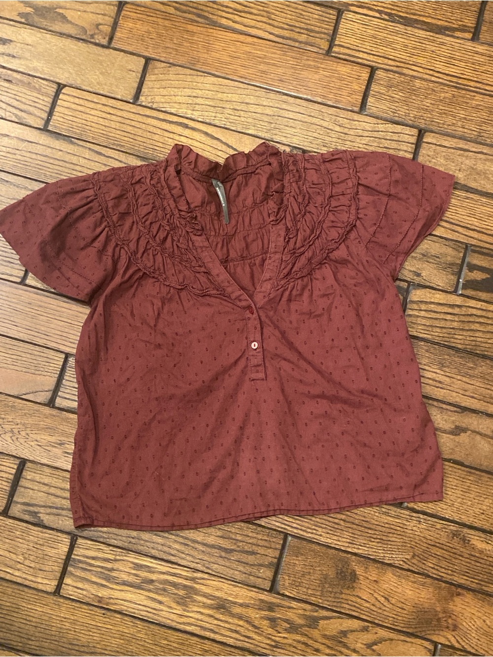 Anthropologie Brick Red Ruffle V-Neck Flared Sleeve Blouse, US M. Feminine, boho
